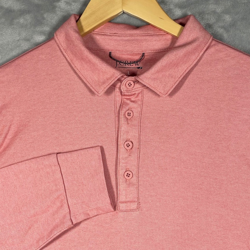 J.Crew Mens Long Sleeve Polo Shirt Salmon Pink Coolmax Pique Knit Large
